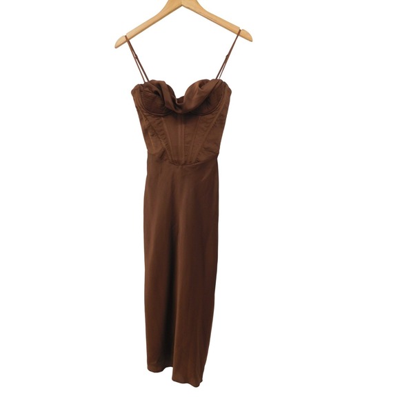 House of CB Myrna Satin Corset Midi Satin Dress Chocolate Brown XS - Picture 2 of 8